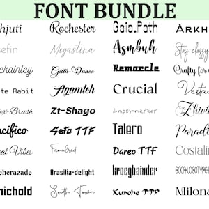 May include: A display of numerous font styles, encompassing serif, sans-serif, and script fonts, organised in a grid. The words "FONT BUNDLE" are at the top. Each font is shown with its name, demonstrating a wide array of typographic choices.