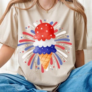 4th of July Ice Cream T-Shirt – Patriotic Red White Blue Fireworks Tee – Cute Independence Day Outfit – Summer Freedom Celebration Shirt