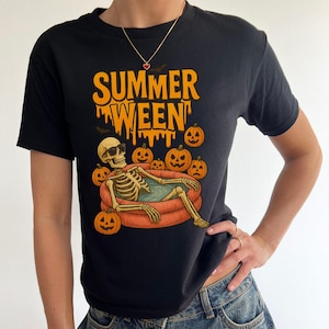 Funny Summerween Skeleton Shirt, Halloween in Summer T-Shirt, Pumpkin Pool Tee, Spooky Season Beach Shirt, Retro Skeleton Top Baby Tee