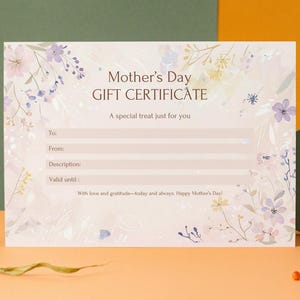 Certificado de regalo para el Día de la Madre imprimible / Cupón floral personalizado / Descarga instantánea / Regalo personalizable para el Día de la Madre