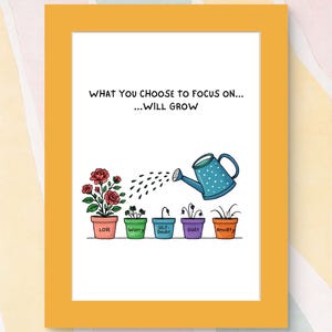May include: A framed print with the text "WHAT YOU CHOOSE TO FOCUS ON... ...WILL GROW." The image shows a watering can pouring water onto potted plants labeled "Love," "Worry," "Self-Doubt," "Guilt," and "Anxiety."
