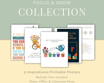 Peut inclure: Collection de cinq affiches imprimables inspirantes avec divers designs. Les affiches présentent des citations et des illustrations de motivation, dont un vélo avec des fleurs, un arrosoir et des graphiques colorés. Le texte "FOCUS & GROW COLLECTION" est en haut.