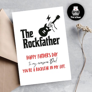 Cartão engraçado de Dia dos Pais para o pai rockstar para impressão The Rockfather Digital Download 5x7 Design minimalista presente de criança ou adolescente para pai descolado