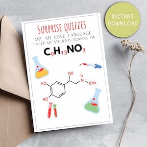 Cartão de agradecimento engraçado para professor de ciências – Piada de química para imprimir com molécula de adrenalina – Quiz surpresa de humor para sala de aula de STEM
