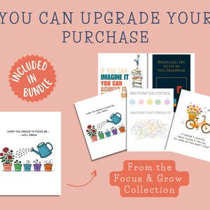 May include: A collection of inspirational art prints from the Focus & Grow Collection. The prints feature motivational quotes and illustrations, including a watering can, a bicycle with flowers, and text that reads "Emotions We Control". The prints are included in a bundle.