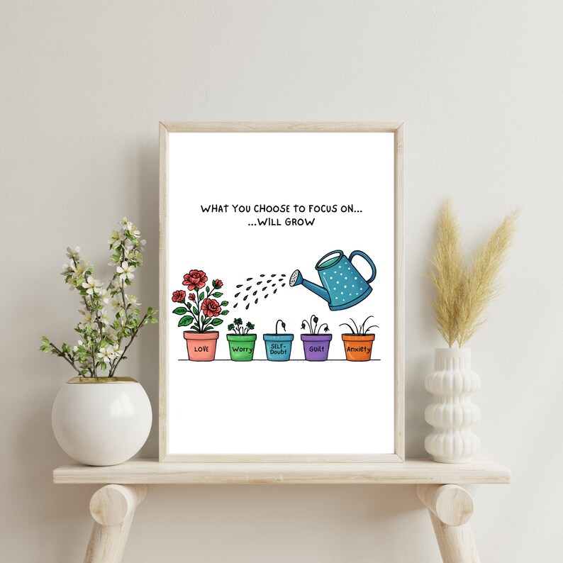 May include: A framed print with the text "WHAT YOU CHOOSE TO FOCUS ON...WILL GROW." It depicts a watering can pouring water onto five potted plants labeled "Love," "Worry," "Self-Doubt," "Guilt," and "Anxiety." The plants are in colorful pots.