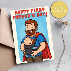 Primeiro cartão de Dia dos Pais do bebê – Cartão para impressão Super Pai – Pai e bebê fofos de desenho animado – Download digital para novo pai – Presente instantâneo