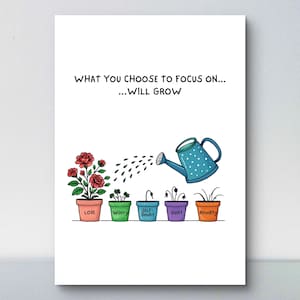 motivational quote art featuring a row of five potted plants labeled “LOVE,” “WORRY,” “SELF-DOUBT,” “GUILT,” and “ANXIETY.” A red-flowered plant in the “LOVE” pot is being watered by a blue watering can, symbolizing nurturing positivity. The caption reads: “WHAT YOU CHOOSE TO FOCUS ON… …WILL GROW.” Ideal for mental health décor, positive mindset gifts, or inspirational wall art for homes, offices, or classrooms.