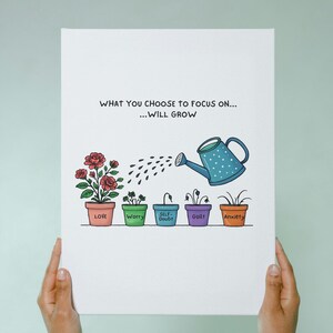 May include: A canvas print with the text "WHAT YOU CHOOSE TO FOCUS ON... ...WILL GROW." It depicts a watering can with polka dots watering plants labeled "Love," "Worry," "Self-Doubt," "Guilt," and "Anxiety."