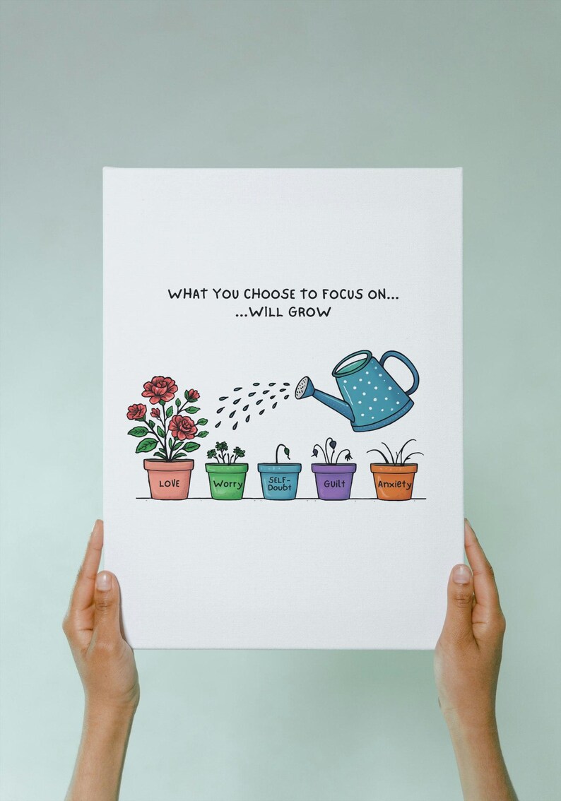 May include: A canvas print with the text "WHAT YOU CHOOSE TO FOCUS ON... ...WILL GROW." It depicts a watering can with polka dots watering plants labeled "Love," "Worry," "Self-Doubt," "Guilt," and "Anxiety."