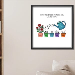May include: Framed art print with the text "WHAT YOU CHOOSE TO FOCUS ON...WILL GROW". The illustration depicts a watering can pouring water onto potted plants labeled "Love", "Worry", "Self-Doubt", "Guilt", and "Anxiety".