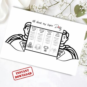 Tudo sobre meu superpai – Cartão de Dia dos Pais para imprimir para crianças – Atividade divertida de PDF para preencher – Presente personalizado para download instantâneo