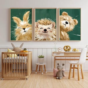 Conjunto de pósteres de animales del bosque: conejo sonriente, erizo y oso / Impresiones digitales en acuarela A4 / Arte mural para habitación infantil / Decoración de habitación infantil con temática de bosque
