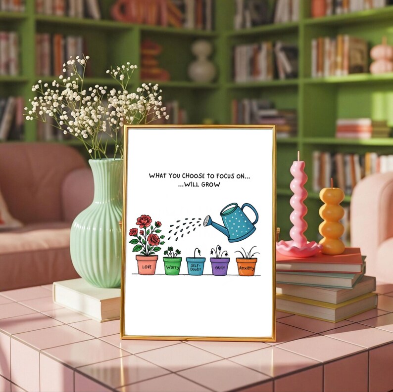 May include: A framed print with the text "WHAT YOU CHOOSE TO FOCUS ON...WILL GROW." The image depicts a watering can with blue polka dots watering plants labeled "Love," "Worry," "Self-Doubt," "Guilt," and "Anxiety." A vase with white flowers and candles are nearby.
