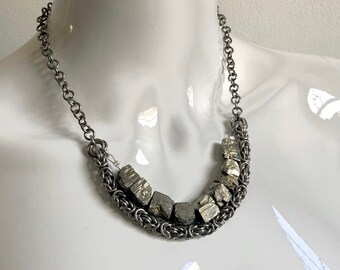 Pyrite Chainmaille Necklace // pyrite necklace, goth necklace, punk necklace, unisex necklace, Byzantine necklace, corporate goth wear