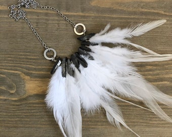 Quartz & Feathers Necklace // bib necklace, feather necklace, black quartz necklace, goth necklace, mixed metals necklace, punk necklace