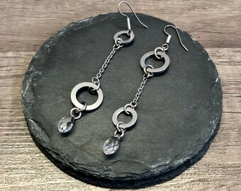 Wish Earrings // silver asymmetrical earrings, hoop earrings, stainless steel earrings, crystal earrings, edgy earrings, punk earrings