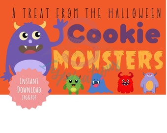 Halloween Cookie Tag - Cookie Monsters - Instant Download JPG & PDF Sheet