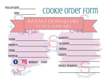 Custom Sugar Cookie Order Form Template - PDF and JPG Instant Download