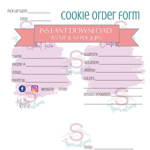 Custom Sugar Cookie Order Form Template PDF and JPG Instant Download Custom Sugar Cookie Order Form Template PDF and JPG Instant Download