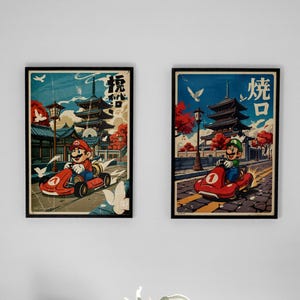 Póster japonés de Mario Kart, arte de pared retro de Nintendo, impresión vintage de Luigi y Mario, decoración de habitación de gamer, idea de regalo para adolescentes, obra de arte nostálgica de videojuegos.