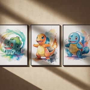 Póster de acuarela de Pokémon, Pikachu, Charmander, Squirtle, Bulbasaur, Eevee, Jigglypuff, arte de pared, decoración para habitación infantil, guardería, regalo de anime para fans.