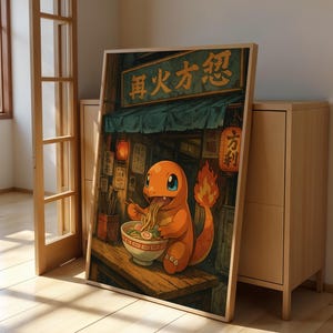 Glumanda Ramen Poster Japanische Pokemon Wandkunst Süßer Anime Noodle Shop Print Retro Manga Ästhetisches Feuer Typ Dekor Geschenk für Otaku Fans