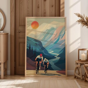 Stampa artistica di coppia di ciclisti, stampa da parete panoramica con bici da strada, poster di avventure ciclistiche, decorazione per ciclismo in montagna, opera d'arte minimalista di ciclisti per la decorazione della casa.