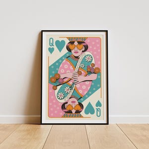 Queen of Hearts Poster Retro Playing Card Art Print Funky Pop Decor Colorful Wall Art 70s Aesthetic Illustration for Game Room Dorm Art Gift