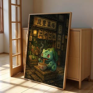 Bulbasaur Ramen Poster Print Japanese Style Pokemon Wall Art Cute Anime Kitchen Decor Otaku Aesthetic Gift Foodie Collectors Kawaii Noodles