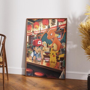 Poster di Ramen Anime, Arte murale giapponese per cucina, Pikachu, Charizard, Ash, Stampa, Decorazione per la stanza Otaku, Regalo per Gamer, Illustrazione di Cibo Kawaii Graziosa