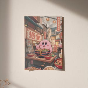 Póster de ramen de Kirby, arte de comida japonesa, decoración de pared de anime, impresión física para cocina, sala de juegos, regalo otaku, póster de pared de tazón de fideos kawaii