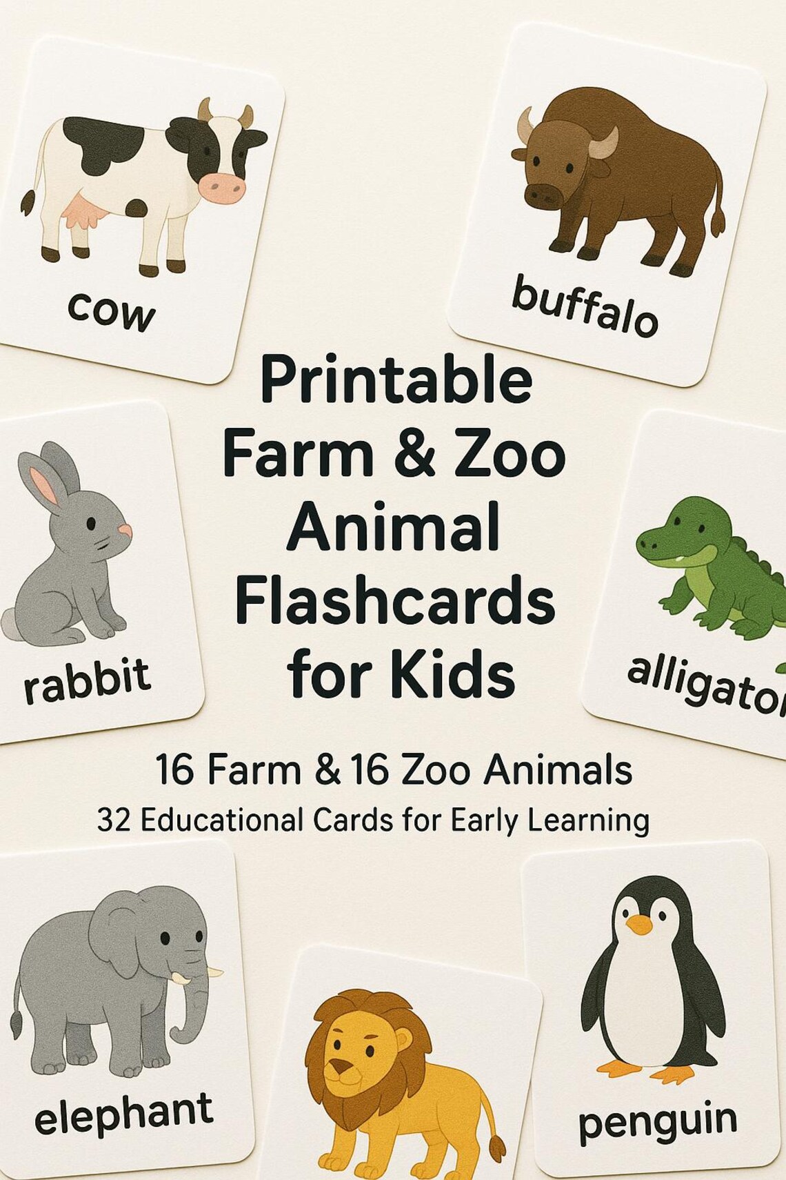 Farm & Zoo Animal Flashcards for Early Learning - 32 Educational Cards ...