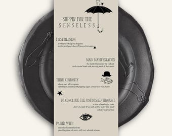 Absurdist Dinner Party Menu Template: Surrealist Canva Design (5x11" Digital Download)