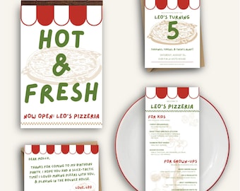 Pizza Party Invitation Bundle: Kids Birthday Stationery Set (Canva Template Digital Download