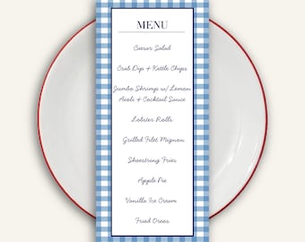 Gingham Party Menu Template: Coastal Clam Bake, Lobster Dinner (Canva, Digital Download)
