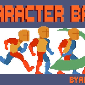 May include: Pixel art graphic with the text "CHARACTER BASE" in orange letters above a row of running figures. The figures are in various poses, with orange, red, blue, and green pixelated details. The text "BY AIYOPIXEL" is at the bottom.