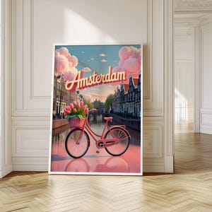 Amsterdam Wall Art | Pink Bicycle Poster | Netherlands Travel Print | Soft Girl Room Decor | Digital PDF & JPG Download