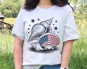 Vintage American Flag Seashell Shirt: 4th of July Beach Tee