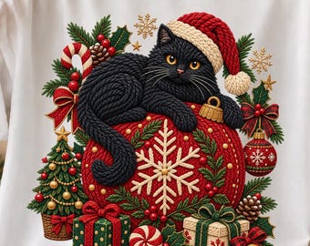 Black Cat Christmas PNG, Crochet Yarn Knit Style Sublimation Design, Cute Cat Santa Hat Ornament PNG, Cat Lover Xmas Digital Download