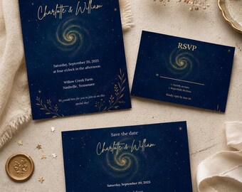Celestial Wedding Invitation Suite Canva Template, Galaxy Navy Gold Printable Set, Instant Download