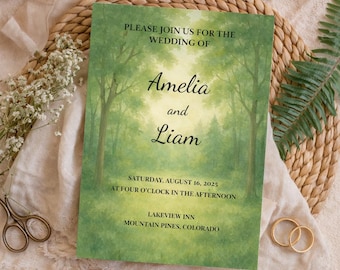Forest Wedding Invitation Canva Template, Woodland Greenery Printable Invite, Instant Download