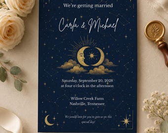 Celestial Wedding Invitation Template, Navy Blue Gold Canva Invite, Starry Night Moon Suite, Instant Download