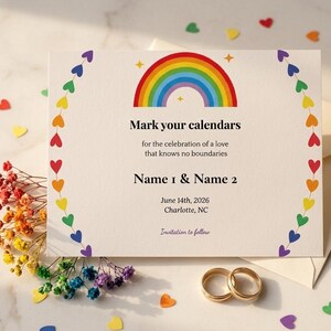 Rainbow Hearts LGBTQ+ Save the Date Canva Template, Gay Wedding Printable Card, Instant Download
