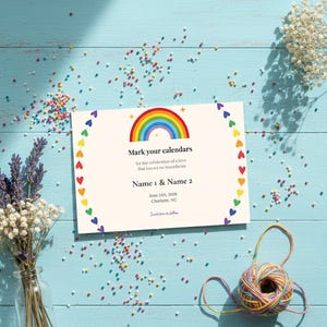 Plantilla de Canva para guardar la fecha LGBTQ+ con corazones arcoíris, tarjeta imprimible para boda gay, descarga instantánea
