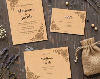Op de afbeelding: Kraft papieren trouwuitnodigingsset met bloemen en botanische designelementen. De set bevat een uitnodiging, een RSVP-kaart en een save-the-date kaart. De tekst luidt "Madison & Jacob" en bevat evenementdetails. Een klein jute zakje en touw zijn ook aanwezig.