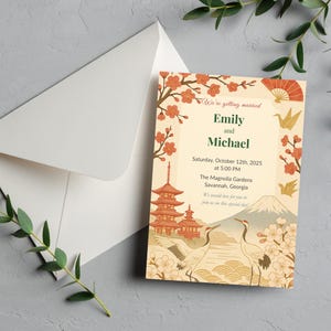 Japanische Hochzeitseinladung Kranpagode, traditionelle bearbeitbare Canva, digitaler Download