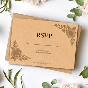 Tarjeta de confirmación de asistencia para boda con flores vintage, plantilla rústica editable en Canva, flores clásicas sepia, descarga digital (5 x 3,5)