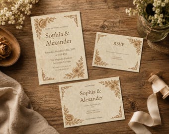 Op de afbeelding: Een set trouwbriefpapier in vintage-stijl, waaronder een uitnodiging, een RSVP-kaart en een save-the-date-kaart. De kaarten hebben bloemenhoekontwerpen en de namen "Sophia & Alexander". De uitnodiging is gedateerd op 12 oktober 2025.
