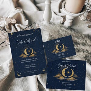 Celestial Moon Stars bruiloft uitnodigingssuite, middernachtblauw, bewerkbare canvassjabloon, bewaar deze datum RSVP-bundel, digitale download
